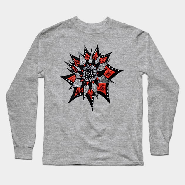 Spiked Abstract Flower In Red And Black Long Sleeve T-Shirt by Boriana Giormova
